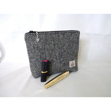 Load image into Gallery viewer, harris tweed cosmetic bag in black and grey herringbone