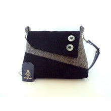 Load image into Gallery viewer, Black & grey Harris Tweed shoulder bag with an adjustable black leather strap and a black lining with a zipped pocket