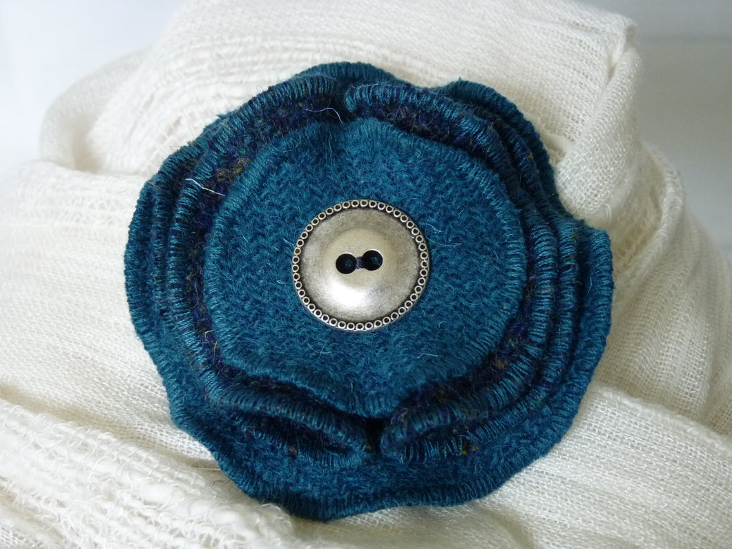 Teal Harris Tweed layered brooch with metal button