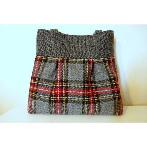 Grey & red patchwork check harris tweed pleated tote bag with black leather shoulder straps and a black lining with a zipped pocket