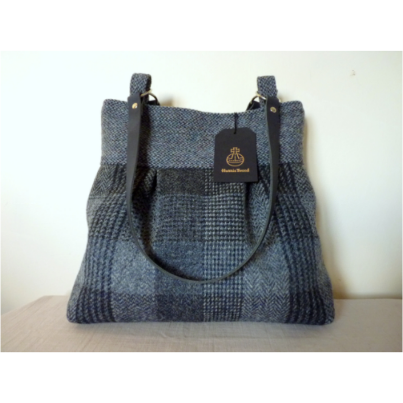 Blue & grey patchwork check harris tweed pleated tote bag with black leather shoulder straps and a black lining with a zipped pocket