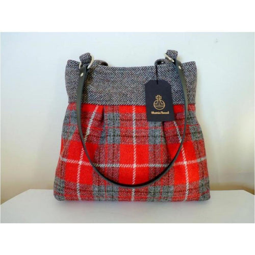 harris tweed pleated tote bag in red and grey check with black leather shoulder straps and either a black or red lining with a zipped pocket