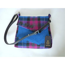 Load image into Gallery viewer, Bright blue and pink check harris tweed shoulder bag with an adjustable black leather strap and a bright blue lining with a zipped pocket