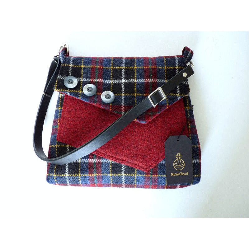 Blue, black & red check Harris Tweed shoulder bag with an adjustable black leather strap and a black lining with a zipped pocket
