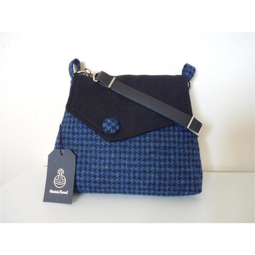 Blue & black check Harris Tweed shoulder/ crossbody bag with an adjustbable black leather strap and a black lining with a zipped pocket