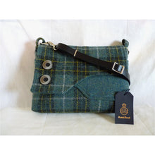 Load image into Gallery viewer, The lovely Brancaster shoulder/ crossbody bag in blue green check Harris Tweed with a plain blue green front pocket and check flap finished with two large decorative buttons. This bag has a plain black lining with large inner zipped pocket, it has a magnetic snap fastener under the flap and a clip on black leather strap which is adjustable to approximately 120 cm (47 inches) not including clips and rings and as with all my bags, it has the Harris Tweed orb mark label on the inside.