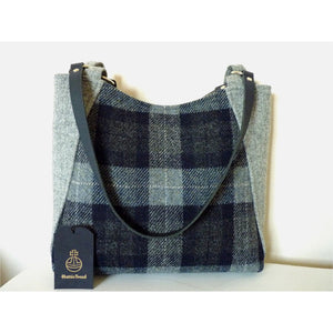 Large blue and grey check harris tweed tote