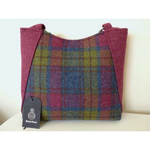Large mixed check & raspberry harris tweed tote bag