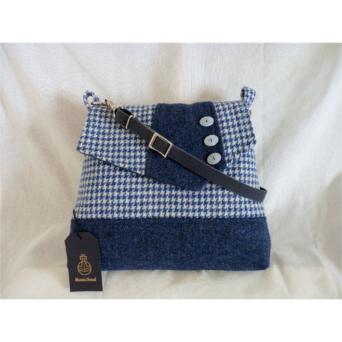 Dark blue & houndstooth check Harris Tweed shoulder bag with an adjustable navy leather strap and a navy lining with a zipped pocket