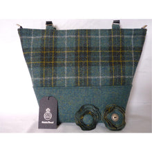 Load image into Gallery viewer, Handmade Harris Tweed Aysgarth two tone tote/ shopping bag made in beautiful green and gold check with a plain sea green base, black lining with a large zipped inner pocket and 3/4″ black leather straps