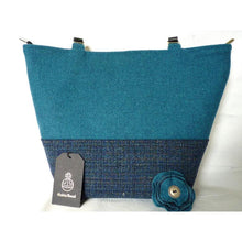 Load image into Gallery viewer, Teal &amp; small check Harris Tweed tote bag