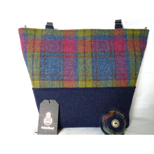 Navy & multi check Harris Tweed tote bag with navy leather shoulder straps and a navy lining with a zipped pocket