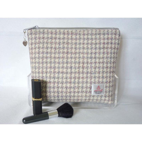 Cream, grey & pink houndstooth Harris Tweed cosmetic bag