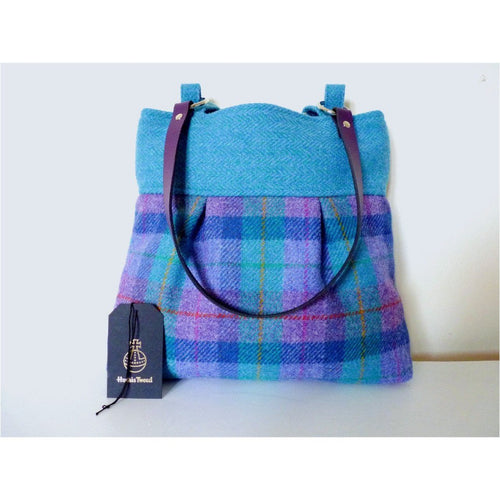 Mint & purple check Harris Tweed pleated tote bag with purple leather shoulder straps and a purple lining with a zipped pocket