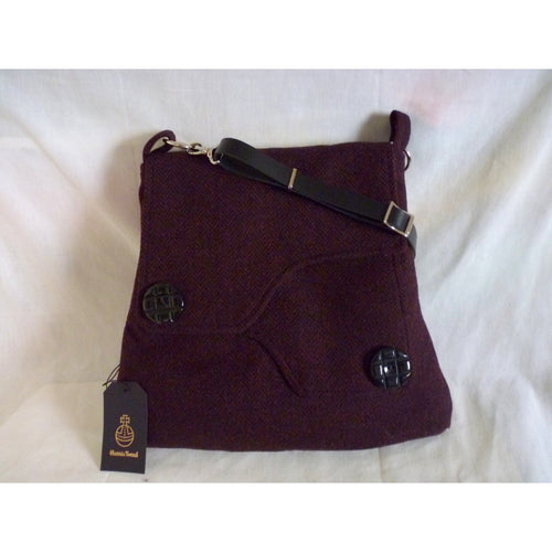 Maroon Harris Tweed shoulder bag, crossbody bag with an adjustable black leather strap and a black lining with a zipped pocket