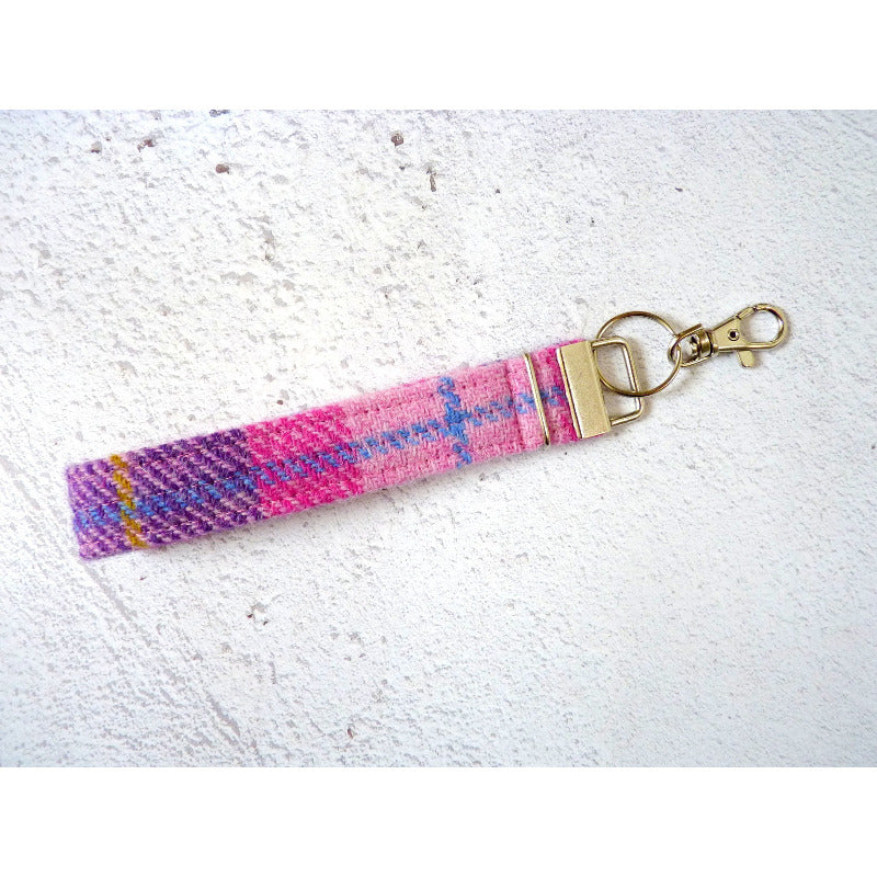 Harris Tweed wristlet keyring with a clip - pink and purple check