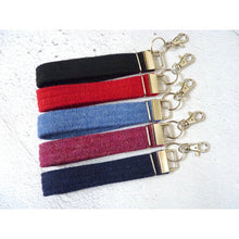 Load image into Gallery viewer, Harris Tweed wristlet keyrings with a clip - black, red, mid blue, raspberry, navy