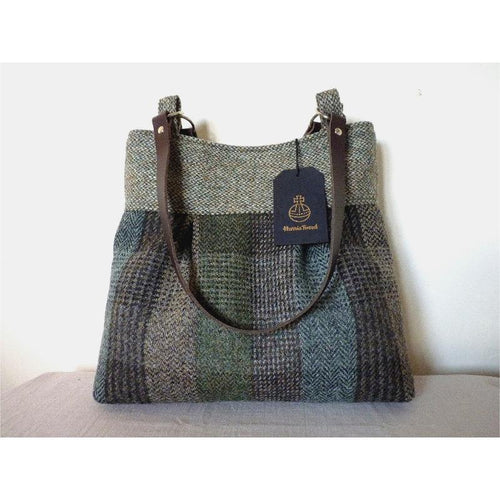 Brown & green patchwork check Harris Tweed pleated tote bag with brown leather shooulder straps and a brown lining with a zipped pocket